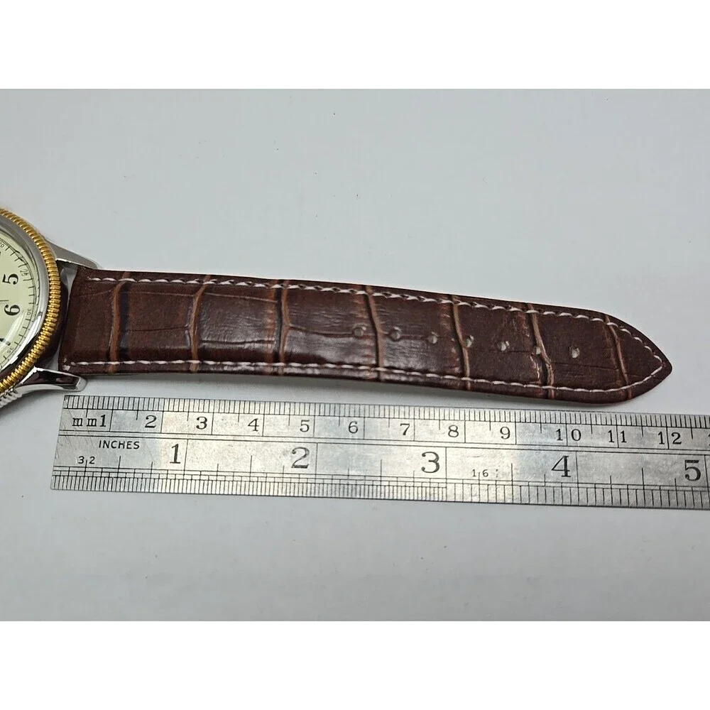 Armitron Mens Dress Watch Date Two Tone Coin Bezel Brown Leather New Battery